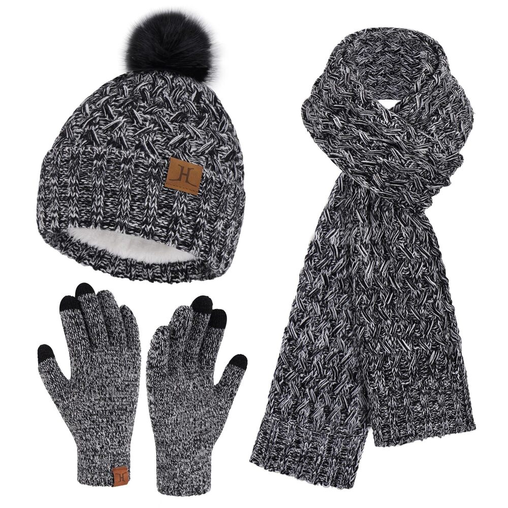 4951 Winter Beanie Hat Touchscreen Gloves Long Neck Scarf Set Warm Knit